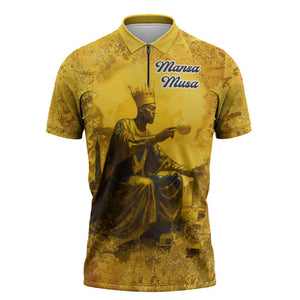 Mansa Musa Zipper Polo Shirt Golden Legacy Theme Ancient Map Regal Portrait of Mali Emperor Timbuktu - African Pride