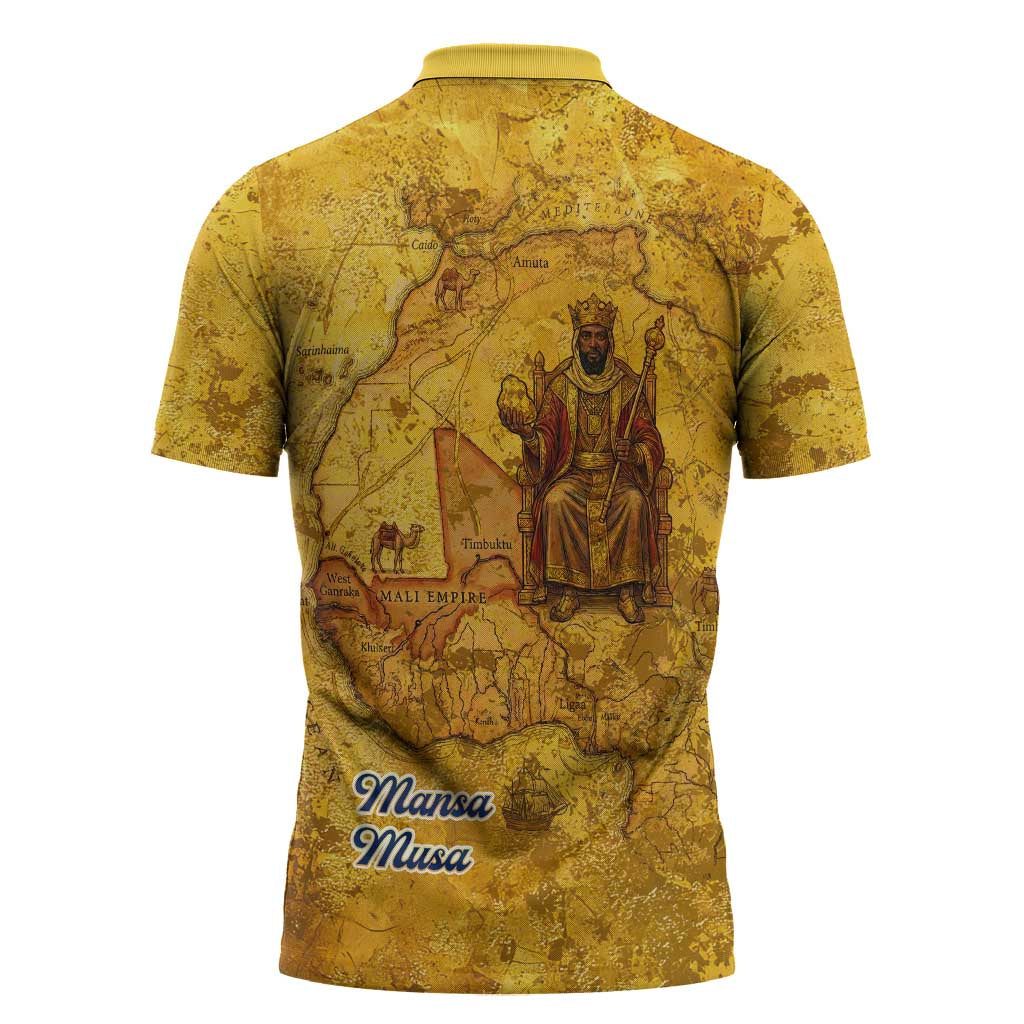 Mansa Musa Zipper Polo Shirt Golden Legacy Theme Ancient Map Regal Portrait of Mali Emperor Timbuktu - African Pride