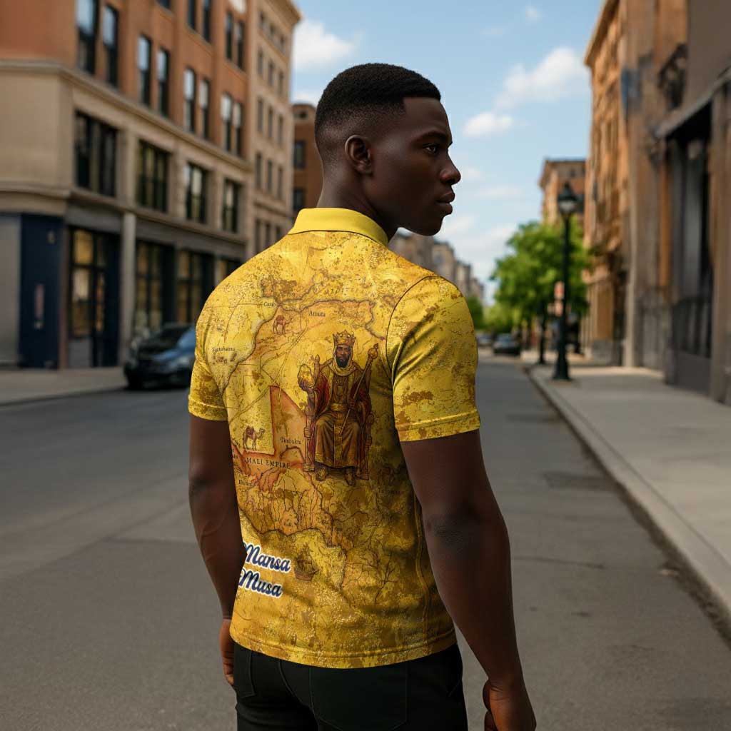 Mansa Musa Zipper Polo Shirt Golden Legacy Theme Ancient Map Regal Portrait of Mali Emperor Timbuktu - African Pride