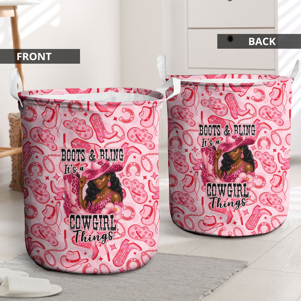 Black Cowgirl Laundry Basket Boots And Bling - Pink Leopard Western Diva Melanin
