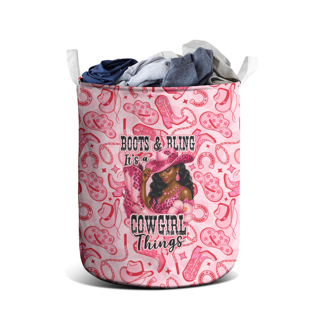 Black Cowgirl Laundry Basket Boots And Bling - Pink Leopard Western Diva Melanin