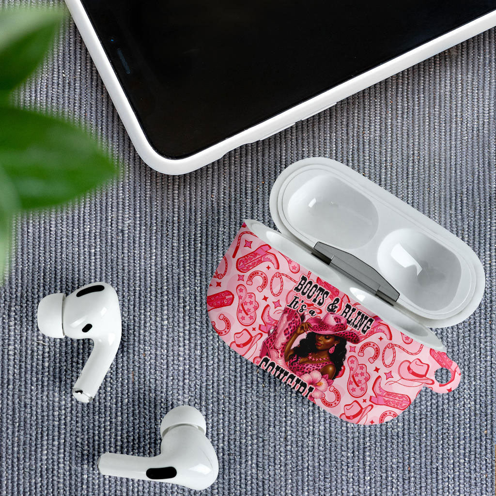 Black Cowgirl AirPods Case Boots And Bling - Pink Leopard Western Diva Melanin