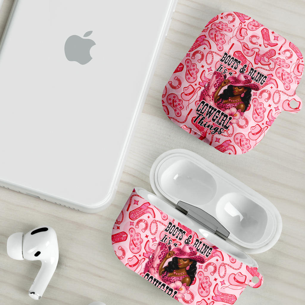 Black Cowgirl AirPods Case Boots And Bling - Pink Leopard Western Diva Melanin