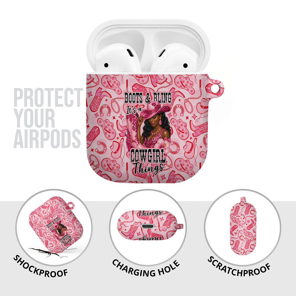 Black Cowgirl AirPods Case Boots And Bling - Pink Leopard Western Diva Melanin