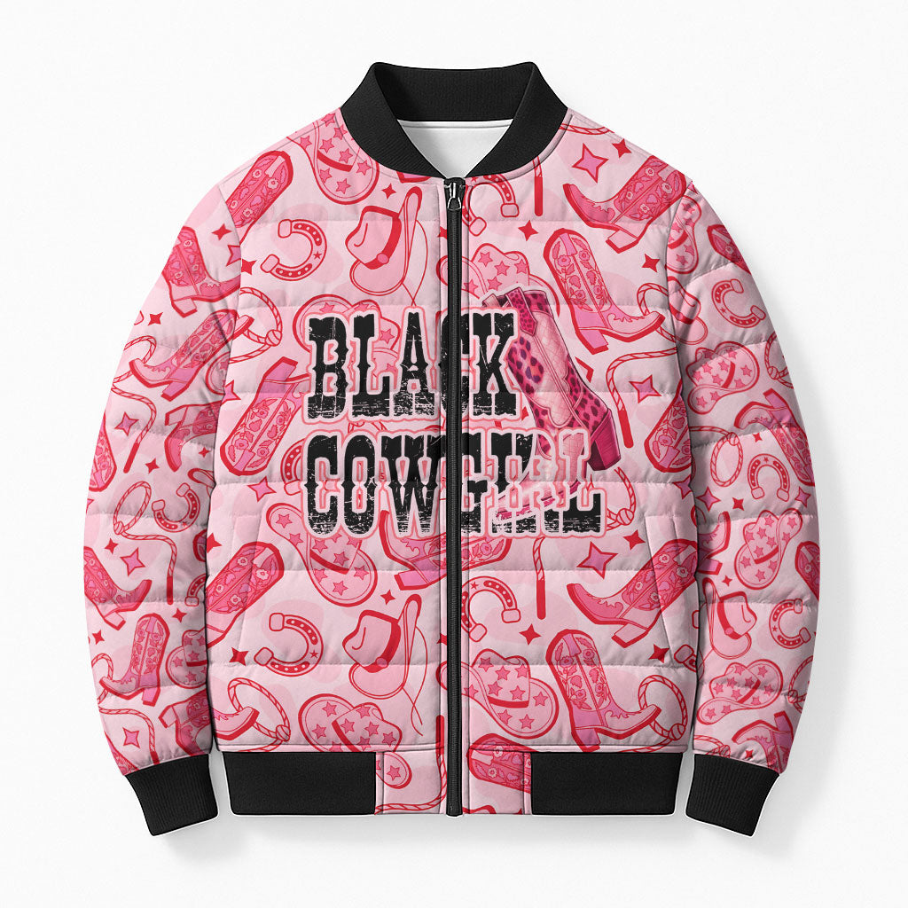 Black Cowgirl Bomber Puffer Jacket Boots And Bling - Pink Leopard Western Diva Melanin
