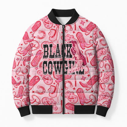 Black Cowgirl Bomber Puffer Jacket Boots And Bling - Pink Leopard Western Diva Melanin