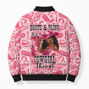 Black Cowgirl Bomber Puffer Jacket Boots And Bling - Pink Leopard Western Diva Melanin