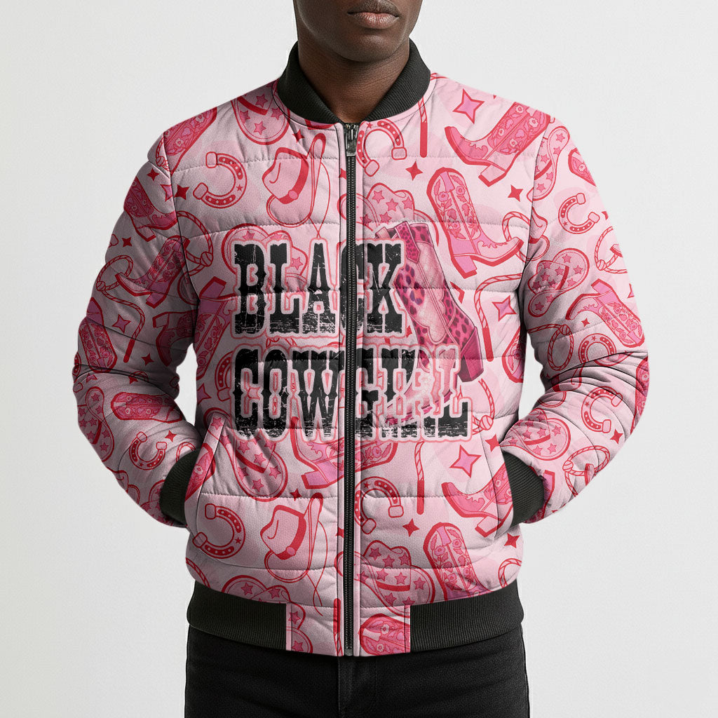 Black Cowgirl Bomber Puffer Jacket Boots And Bling - Pink Leopard Western Diva Melanin