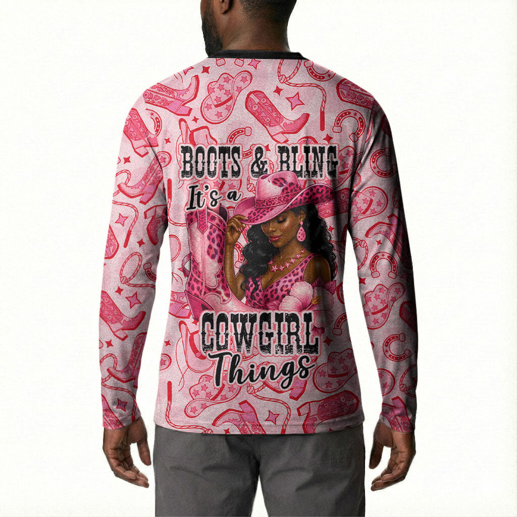 Black Cowgirl Button Sweatshirt Boots And Bling - Pink Leopard Western Diva Melanin