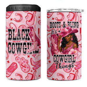 Black Cowgirl 4 in 1 Can Cooler Tumbler Boots And Bling - Pink Leopard Western Diva Melanin