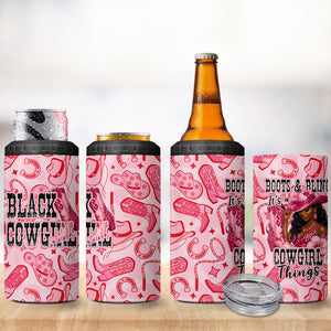 Black Cowgirl 4 in 1 Can Cooler Tumbler Boots And Bling - Pink Leopard Western Diva Melanin