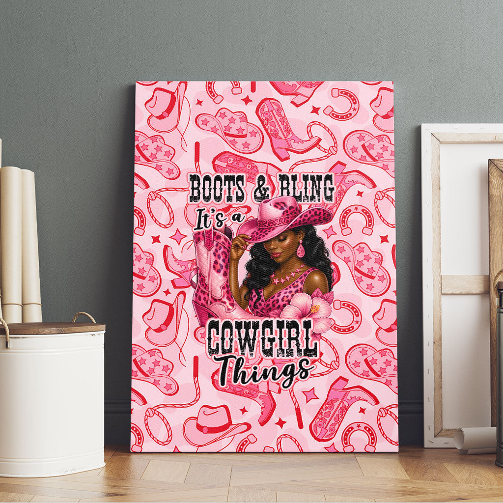 Black Cowgirl Canvas Wall Art Boots And Bling - Pink Leopard Western Diva Melanin