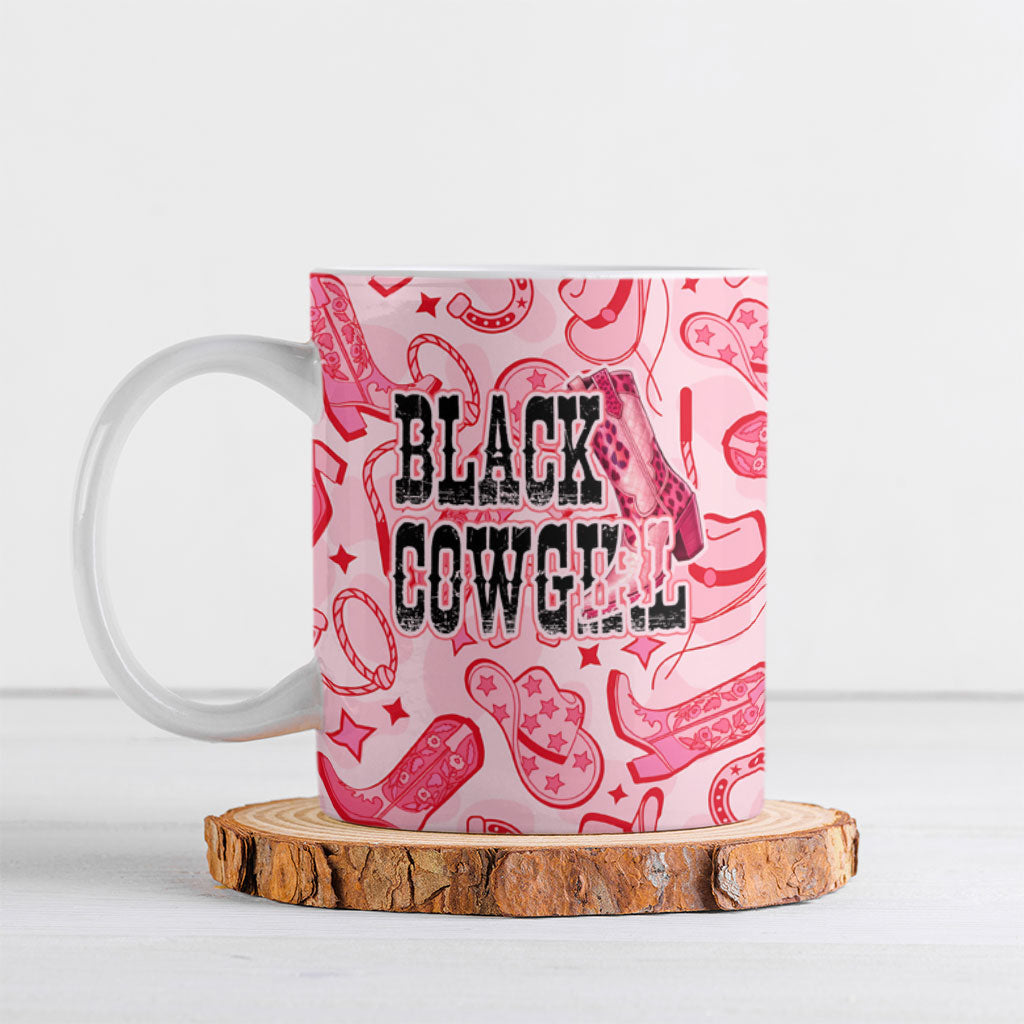 Black Cowgirl Ceramic Mug Boots And Bling - Pink Leopard Western Diva Melanin