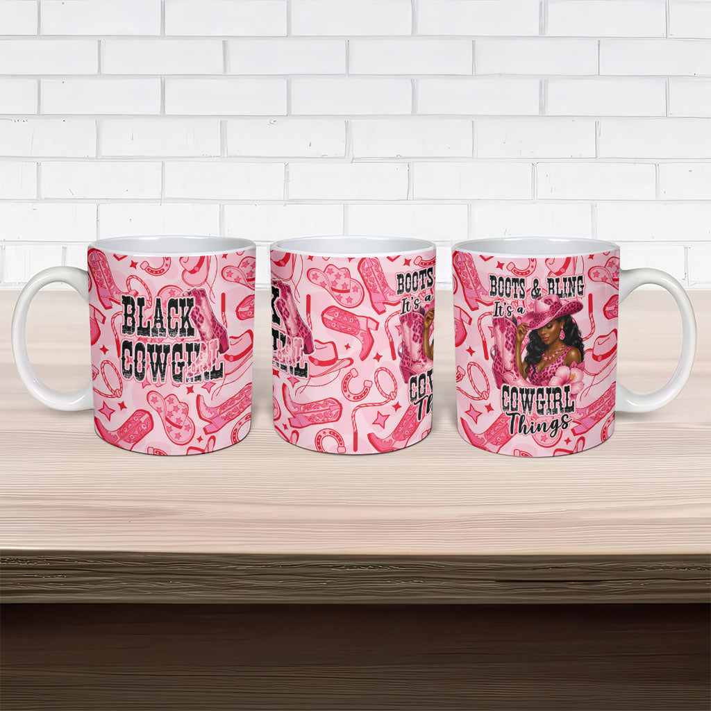 Black Cowgirl Ceramic Mug Boots And Bling - Pink Leopard Western Diva Melanin