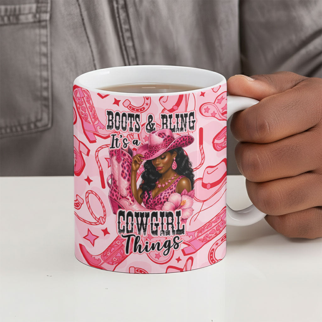 Black Cowgirl Ceramic Mug Boots And Bling - Pink Leopard Western Diva Melanin