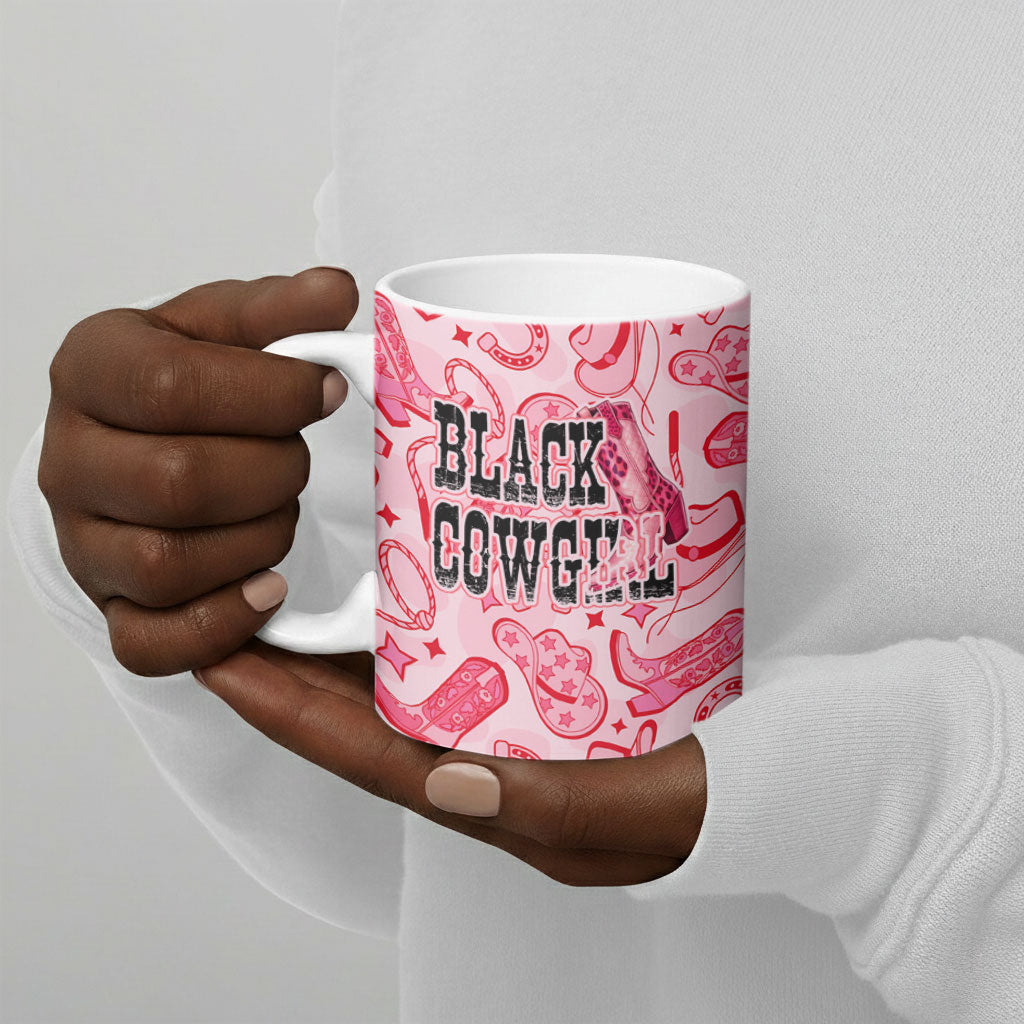 Black Cowgirl Ceramic Mug Boots And Bling - Pink Leopard Western Diva Melanin