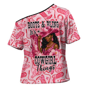 Black Cowgirl Cross Shoulder Shirt Boots And Bling - Pink Leopard Western Diva Melanin