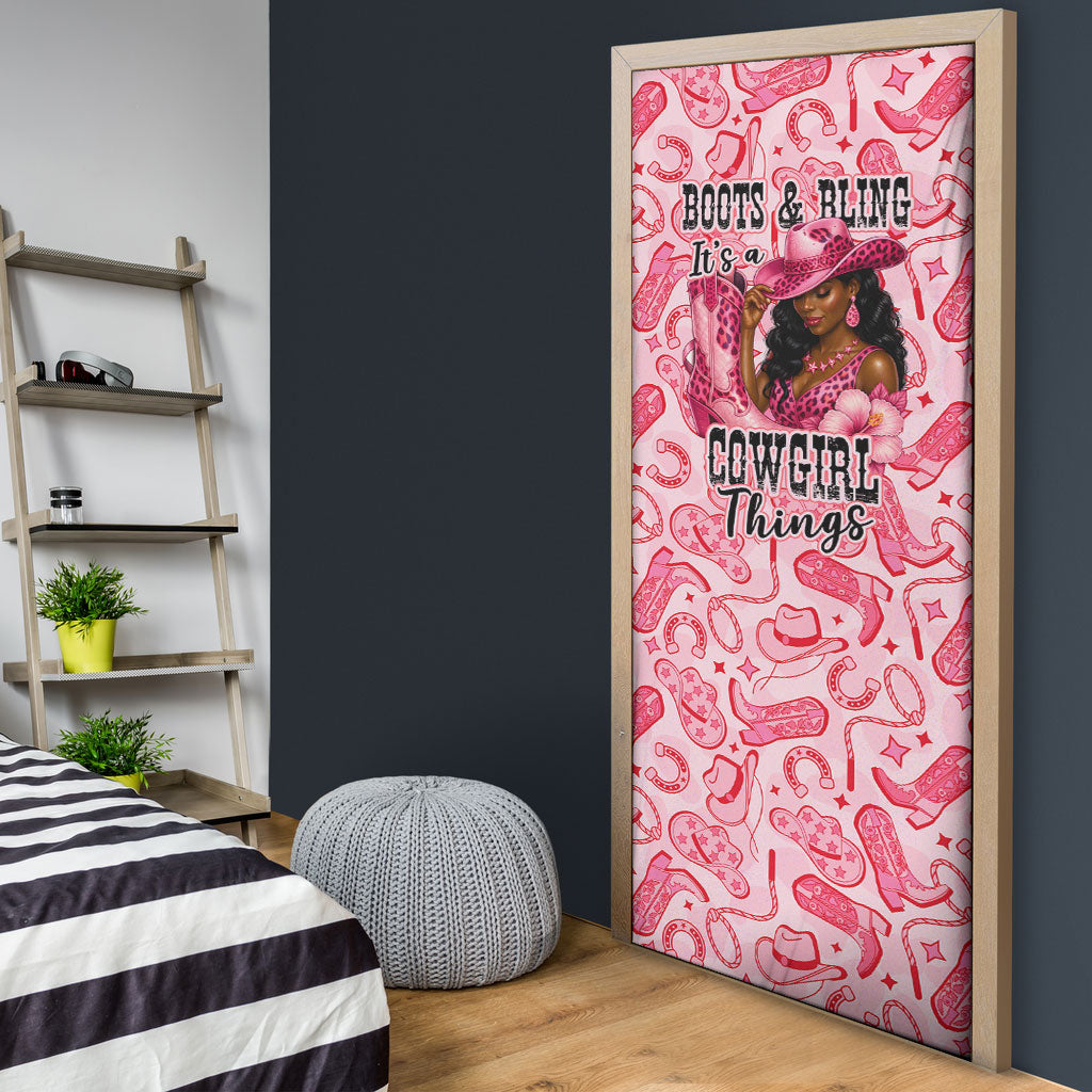 Black Cowgirl Door Cover Boots And Bling - Pink Leopard Western Diva Melanin