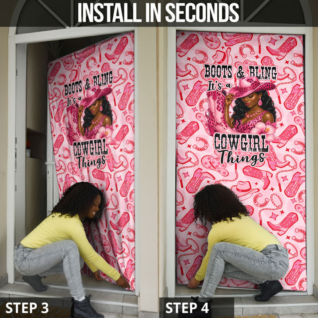 Black Cowgirl Door Cover Boots And Bling - Pink Leopard Western Diva Melanin