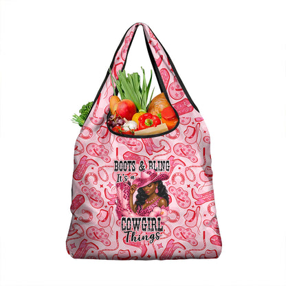 Black Cowgirl Grocery Bag Boots And Bling - Pink Leopard Western Diva Melanin