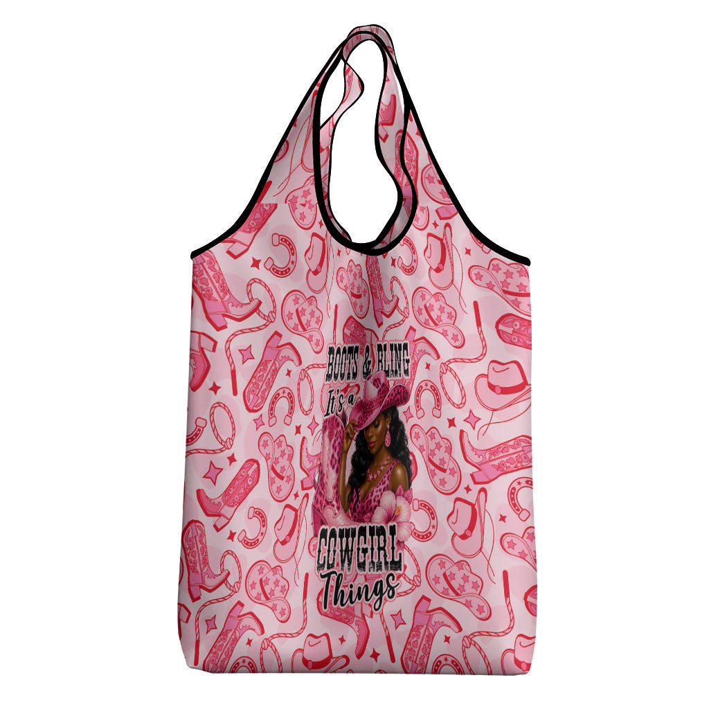 Black Cowgirl Grocery Bag Boots And Bling - Pink Leopard Western Diva Melanin