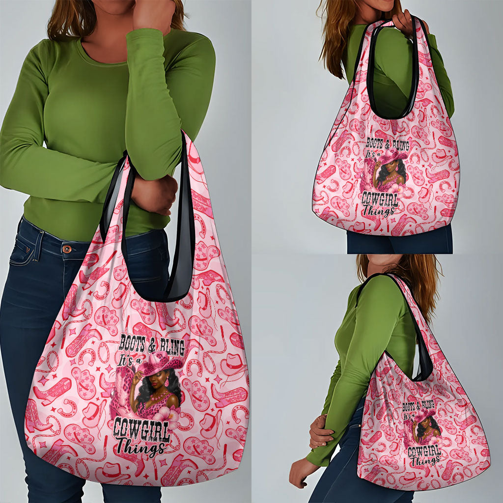Black Cowgirl Grocery Bag Boots And Bling - Pink Leopard Western Diva Melanin