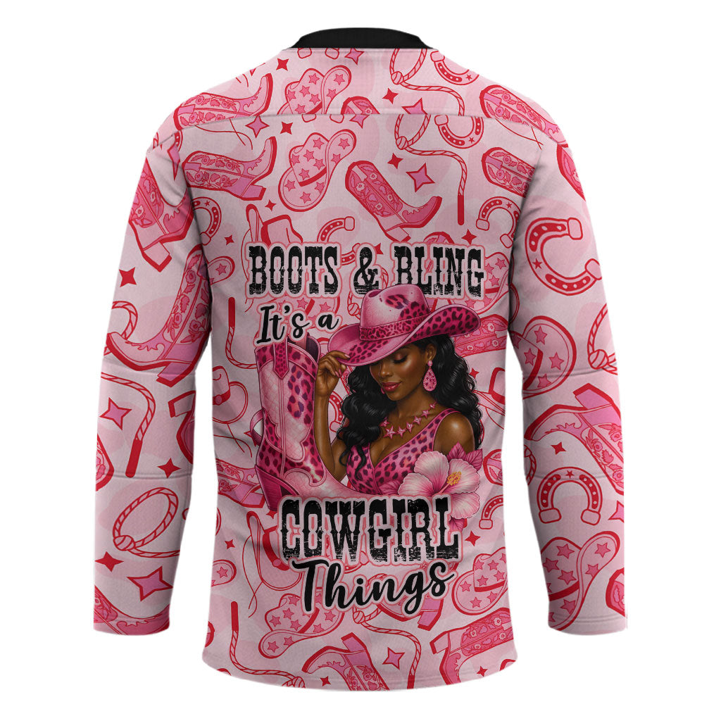 Black Cowgirl Hockey Jersey Boots And Bling - Pink Leopard Western Diva Melanin