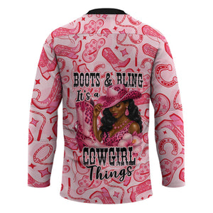 Black Cowgirl Hockey Jersey Boots And Bling - Pink Leopard Western Diva Melanin