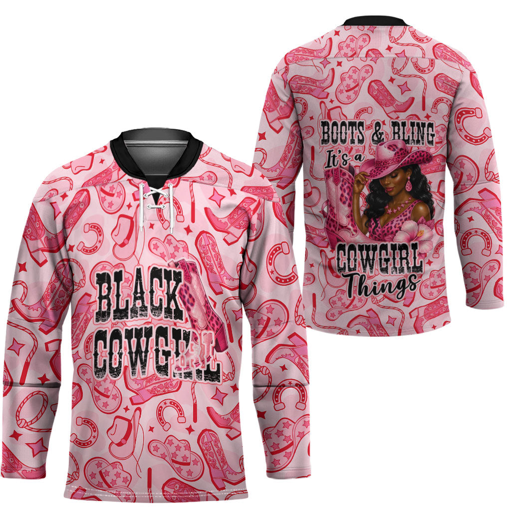 Black Cowgirl Hockey Jersey Boots And Bling - Pink Leopard Western Diva Melanin