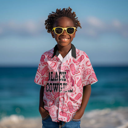 Black Cowgirl Kid Hawaiian Shirt Boots And Bling - Pink Leopard Western Diva Melanin