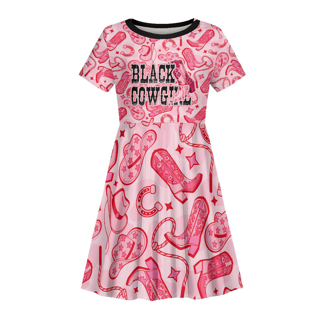 Black Cowgirl Kid Short Sleeve Dress Boots And Bling - Pink Leopard Western Diva Melanin