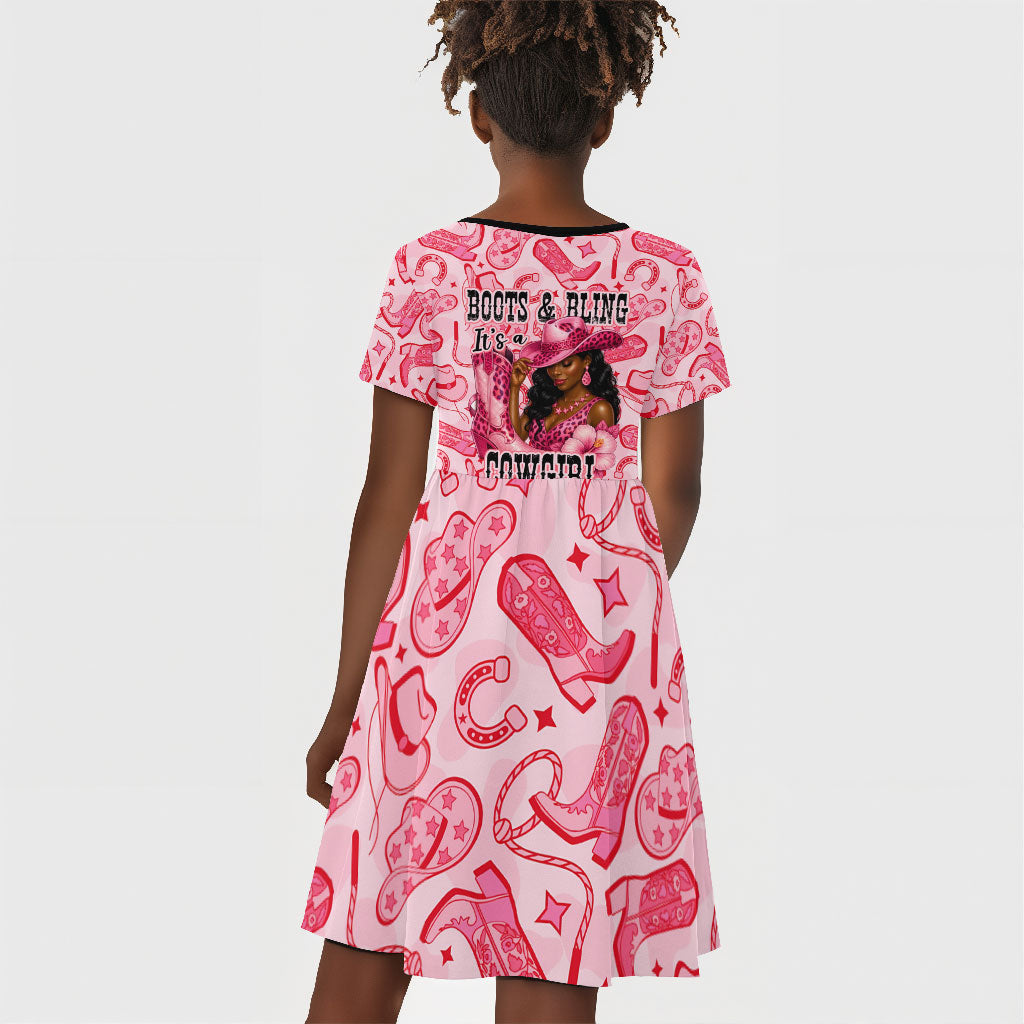 Black Cowgirl Kid Short Sleeve Dress Boots And Bling - Pink Leopard Western Diva Melanin