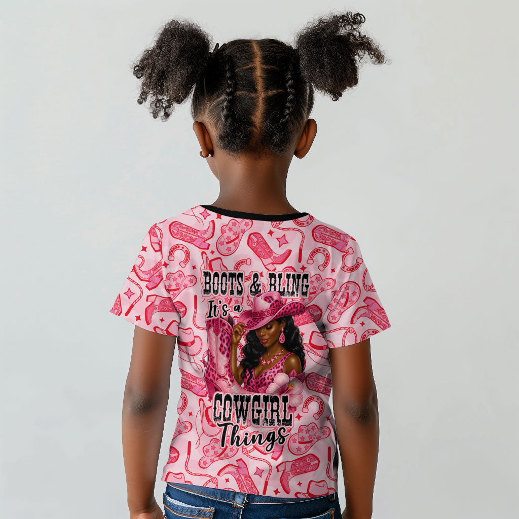 Black Cowgirl Kid T shirt Boots And Bling - Pink Leopard Western Diva Melanin