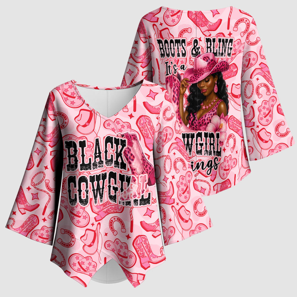 Black Cowgirl Kimono Sleeve Blouse Boots And Bling - Pink Leopard Western Diva Melanin