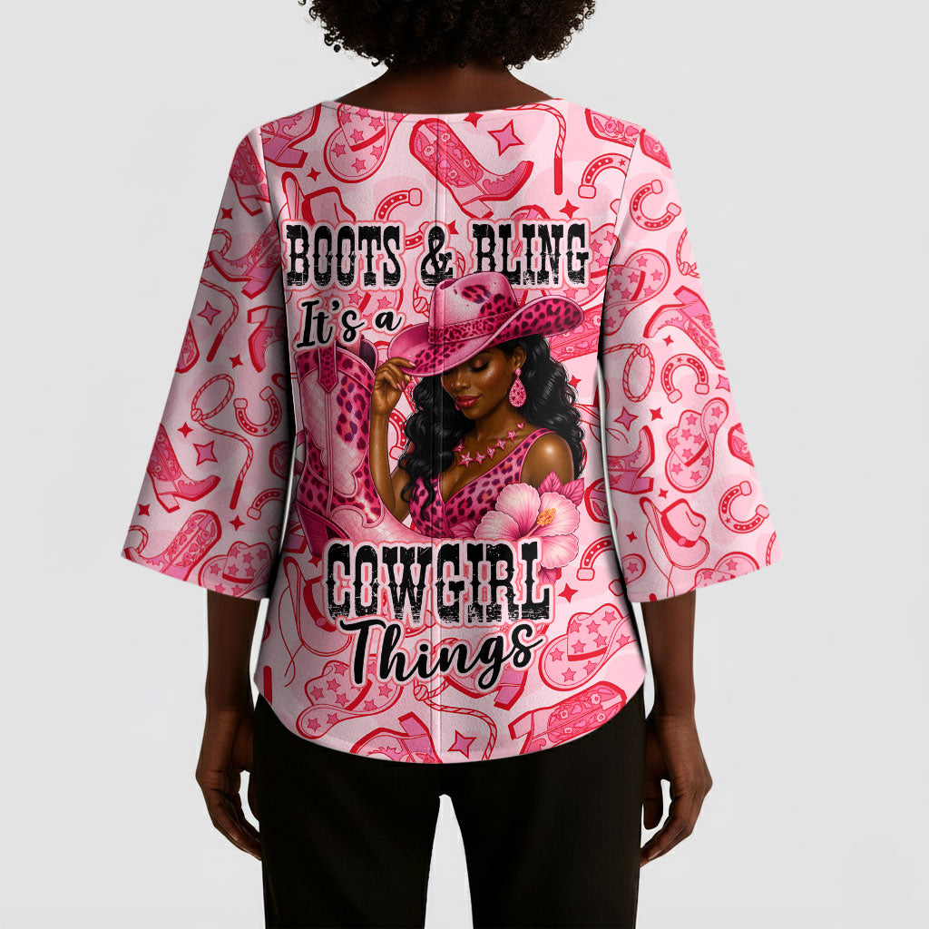 Black Cowgirl Kimono Sleeve Blouse Boots And Bling - Pink Leopard Western Diva Melanin
