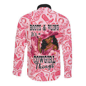 Black Cowgirl Long Sleeve Button Shirt Boots And Bling - Pink Leopard Western Diva Melanin