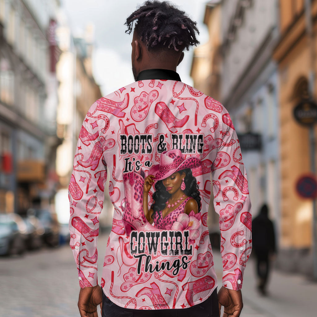 Black Cowgirl Long Sleeve Button Shirt Boots And Bling - Pink Leopard Western Diva Melanin