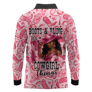 Black Cowgirl Long Sleeve Polo Shirt Boots And Bling - Pink Leopard Western Diva Melanin