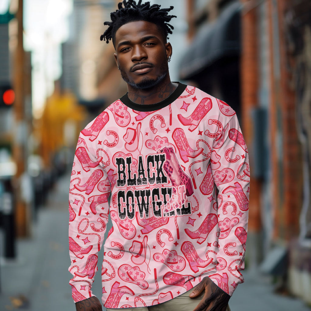 Black Cowgirl Long Sleeve Shirt Boots And Bling - Pink Leopard Western Diva Melanin