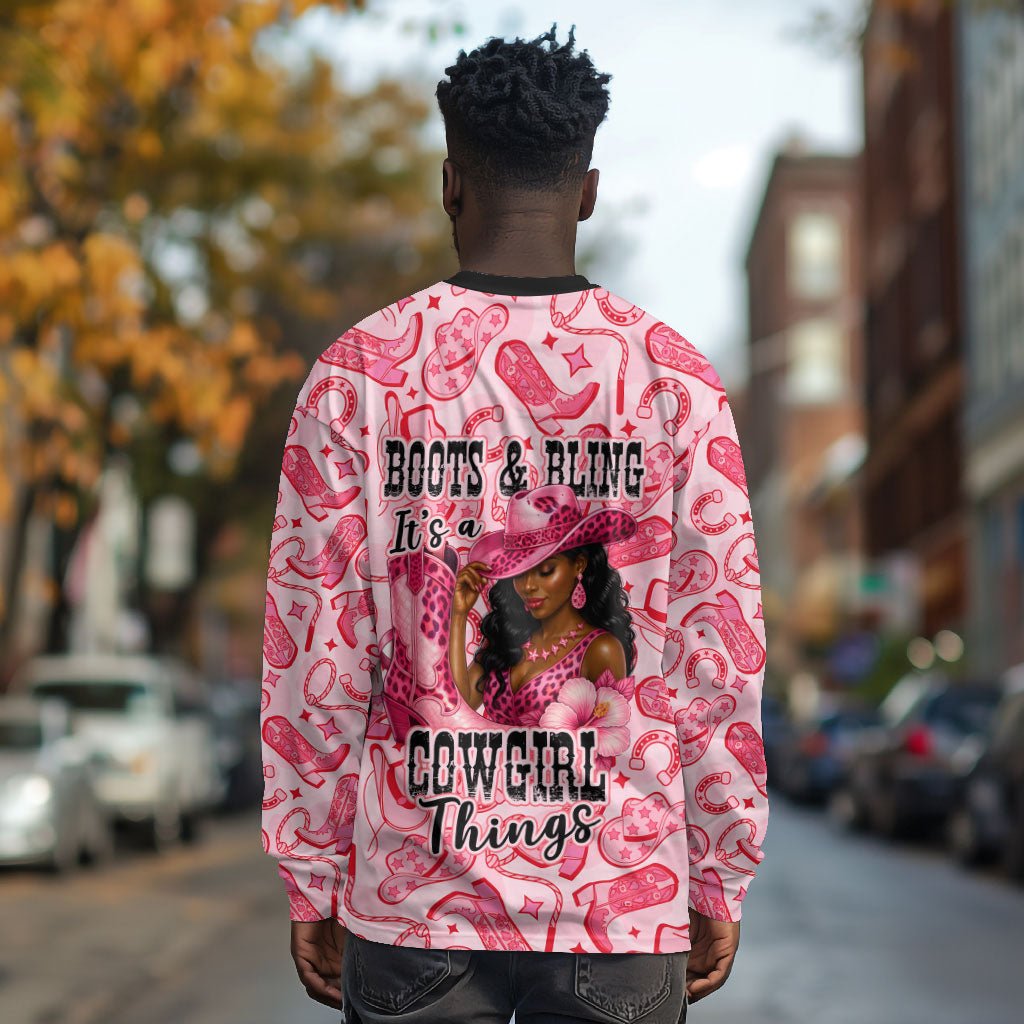 Black Cowgirl Long Sleeve Shirt Boots And Bling - Pink Leopard Western Diva Melanin