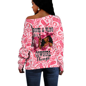 Black Cowgirl Off Shoulder Sweater Boots And Bling - Pink Leopard Western Diva Melanin