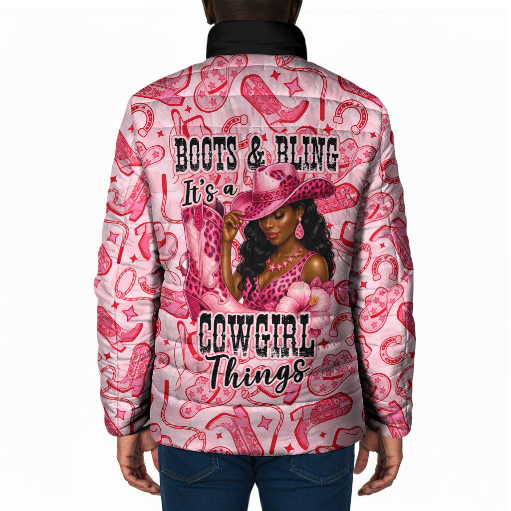 Black Cowgirl Padded Jacket Boots And Bling - Pink Leopard Western Diva Melanin