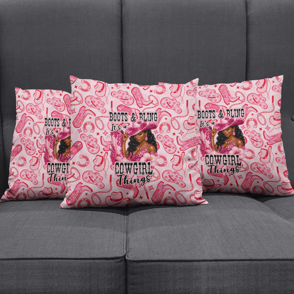Black Cowgirl Pillow Cover Boots And Bling - Pink Leopard Western Diva Melanin