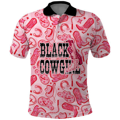 Black Cowgirl Polo Shirt Boots And Bling - Pink Leopard Western Diva Melanin
