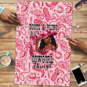 Black Cowgirl Puzzle Boots And Bling - Pink Leopard Western Diva Melanin