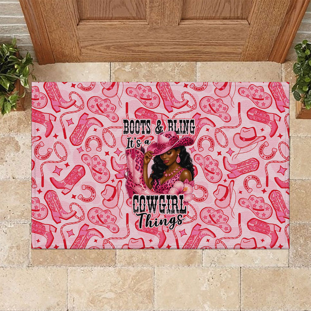 Black Cowgirl Rubber Doormat Boots And Bling - Pink Leopard Western Diva Melanin