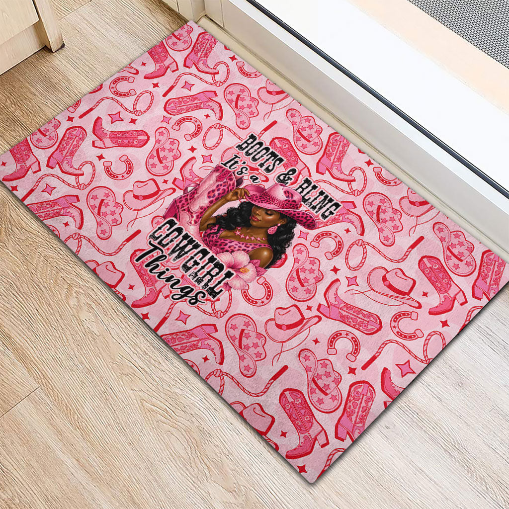 Black Cowgirl Rubber Doormat Boots And Bling - Pink Leopard Western Diva Melanin