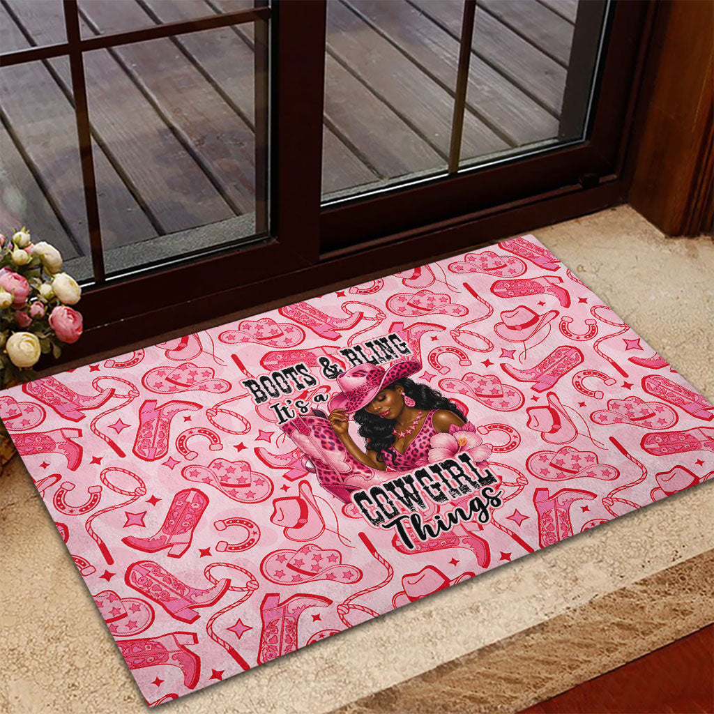 Black Cowgirl Rubber Doormat Boots And Bling - Pink Leopard Western Diva Melanin