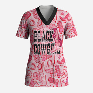 Black Cowgirl Scrub Top Boots And Bling - Pink Leopard Western Diva Melanin
