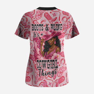 Black Cowgirl Scrub Top Boots And Bling - Pink Leopard Western Diva Melanin